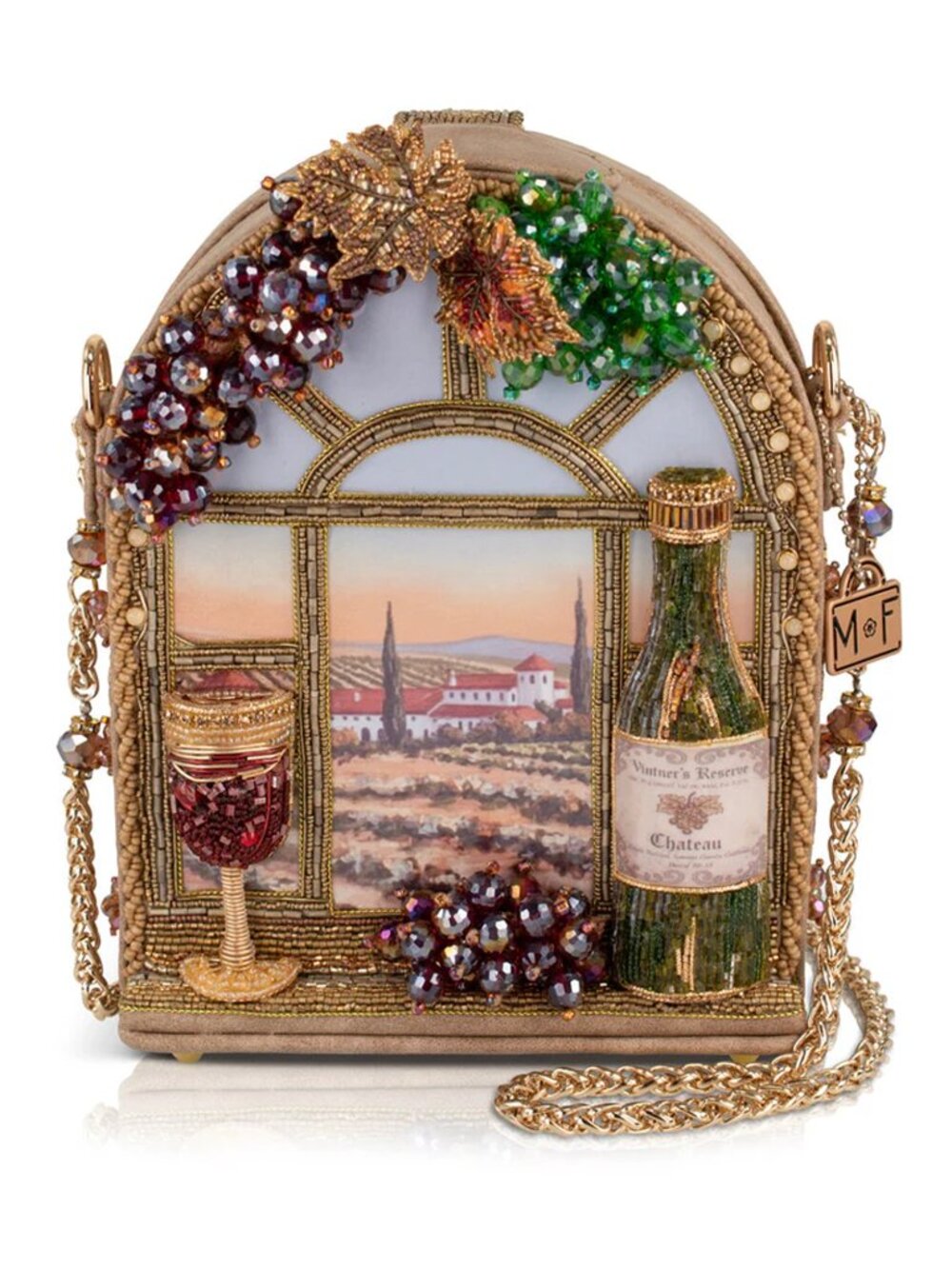 Mary Frances Wine Country Crossbody Handbag Bottle Glass Party Bag Gold Purse NW